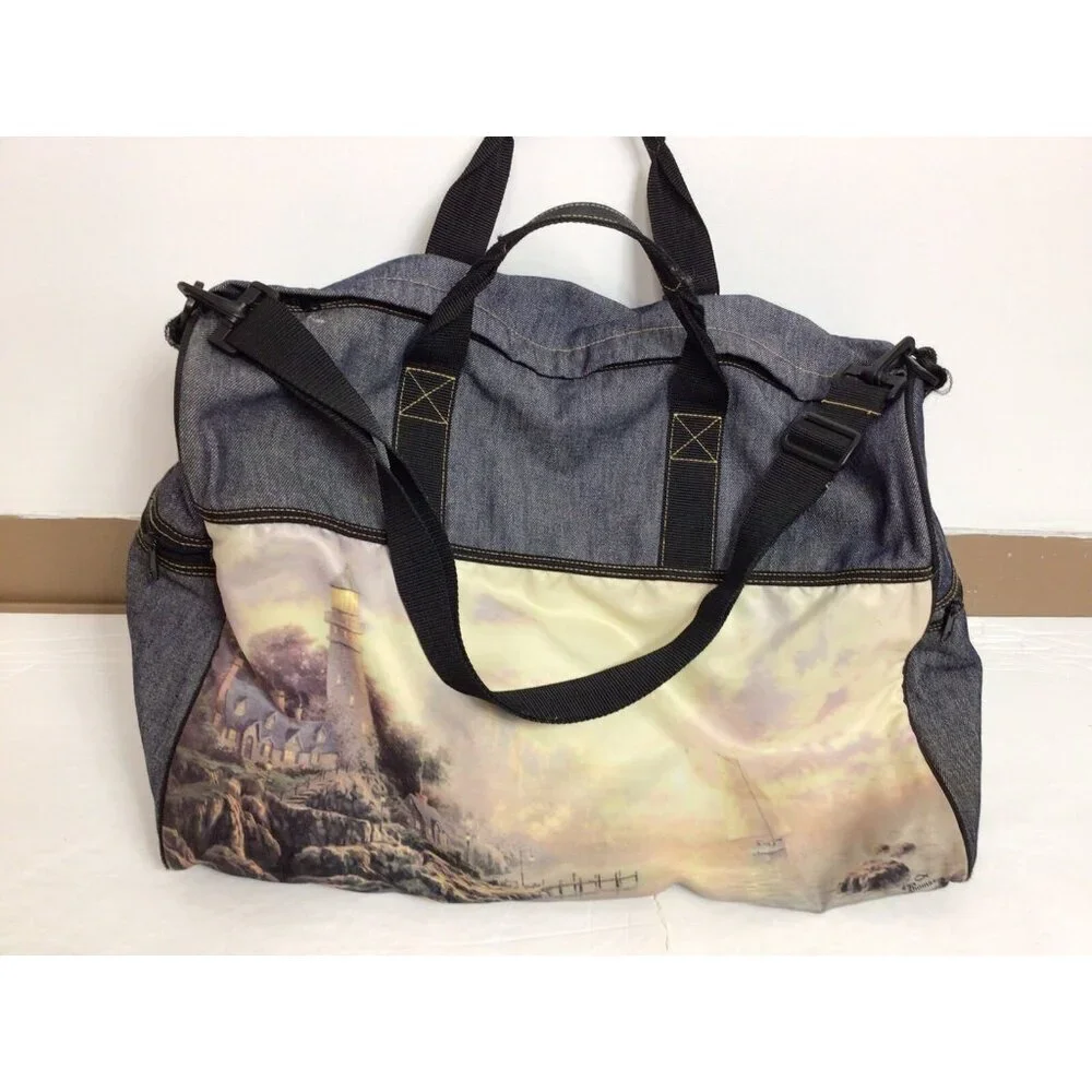 Thomas Kinkade Lighthouse Denim Duffel Travel Tote Bag